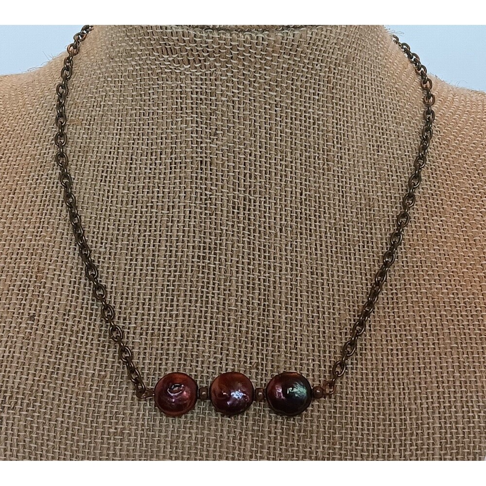 Copper Coin Pearl Choker Necklace 13-15 in